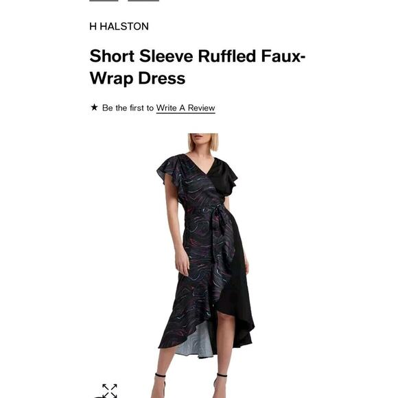 HALSTON Black Marble Dress Zip Sz M Faux Wrap Flutter sleeve NWT - Picture 1 of 7